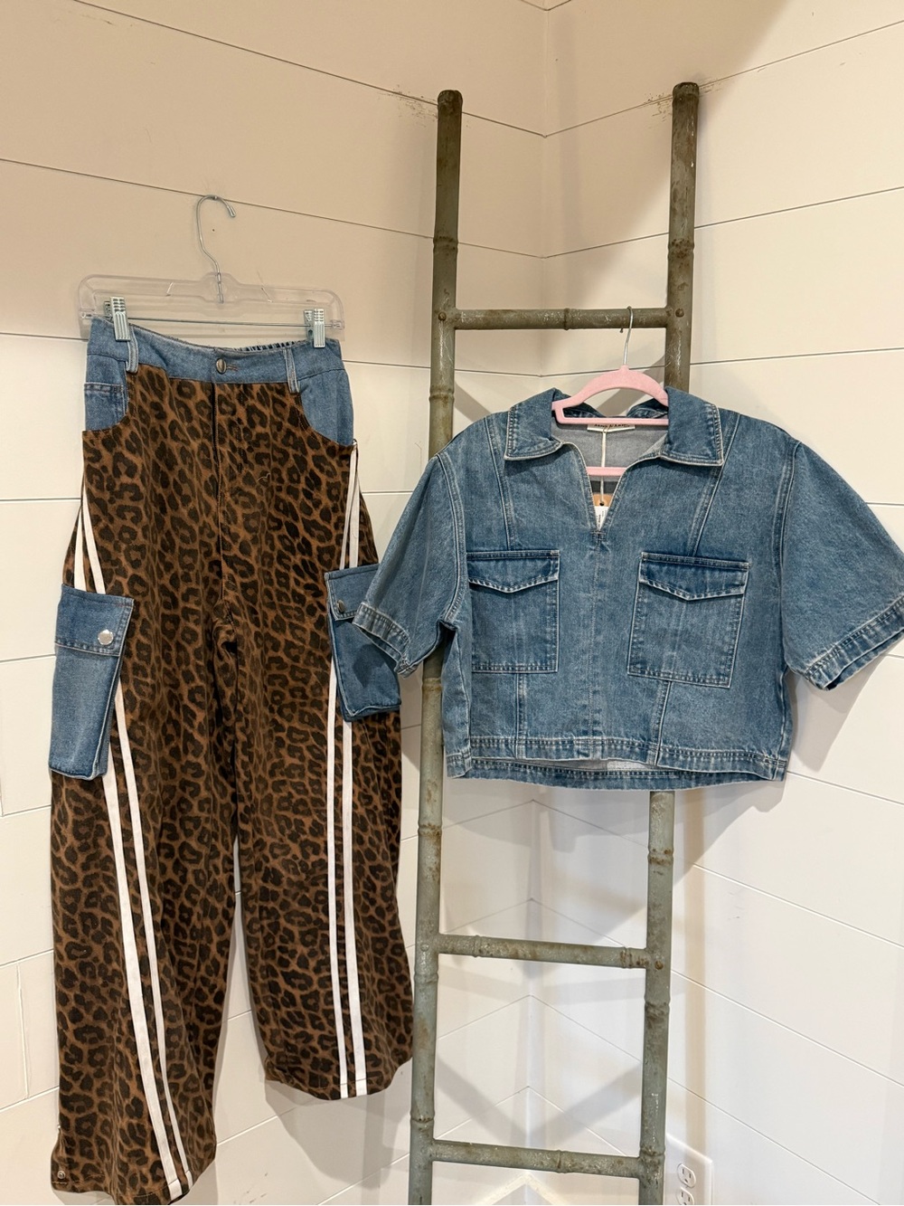 NEW Boho GirLie Curated SET: Leopard Print Wide Leg Pants and Denim top.